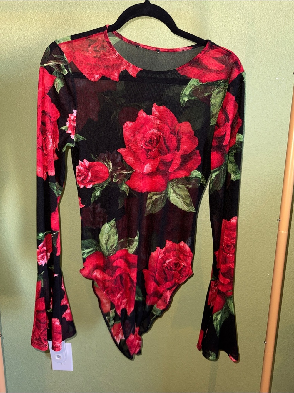 Sheer Black Top with Red Rose Print - Long Sleeve